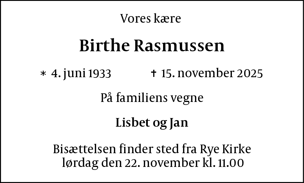 Dødsannonce for Birthe Rasmussen