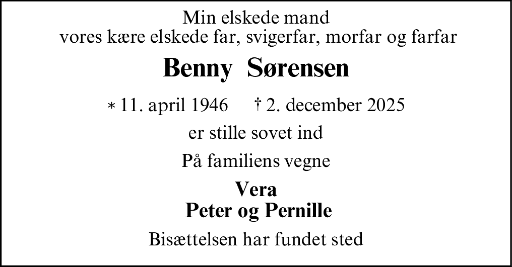 Dødsannonce for Benny Karl Sørensen