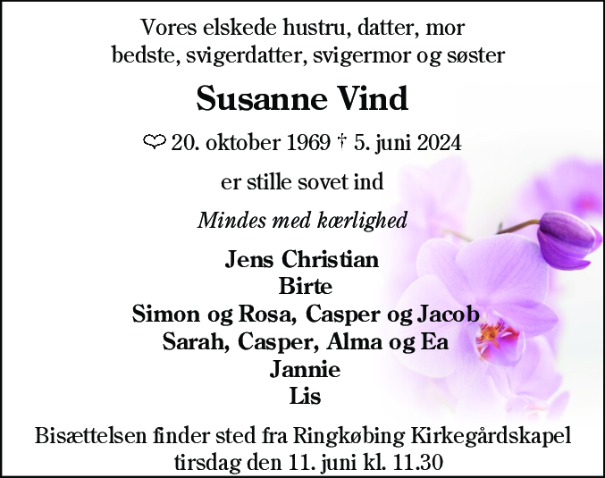 Dødsannonce for Susanne Vind