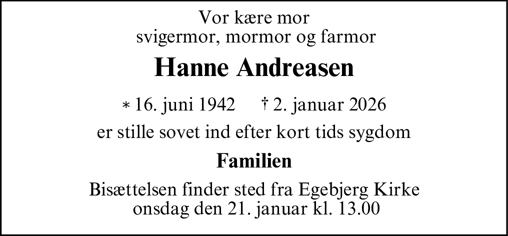 Dødsannonce for Hanne Andreasen