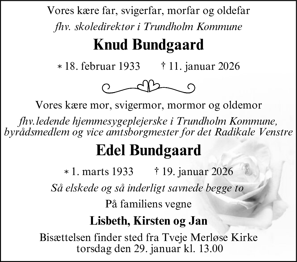 Dødsannonce for Edel og Knud Bundgaard