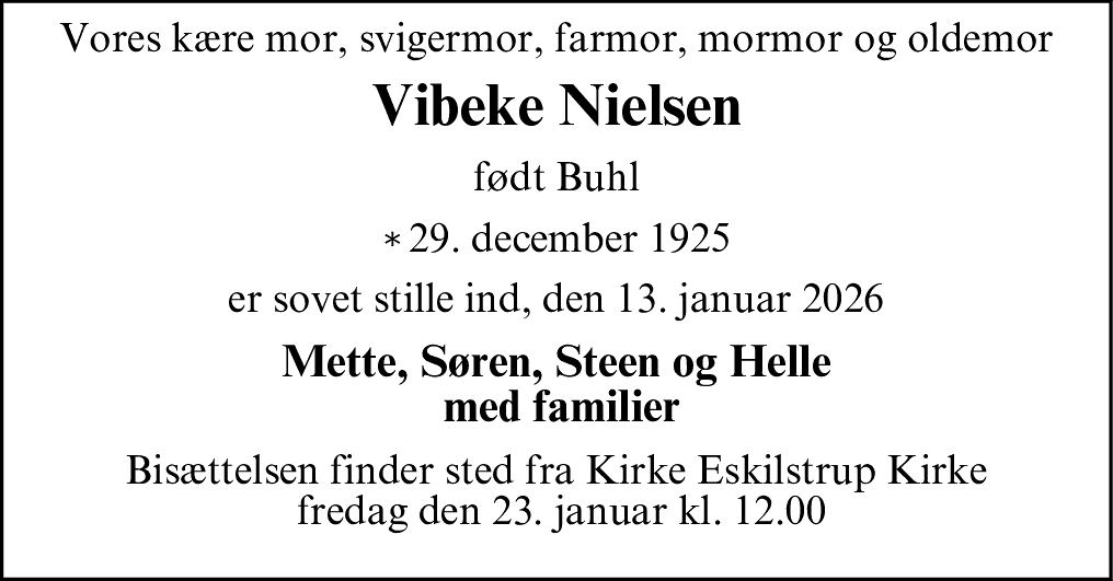 Dødsannonce for Vibeke Nielsen