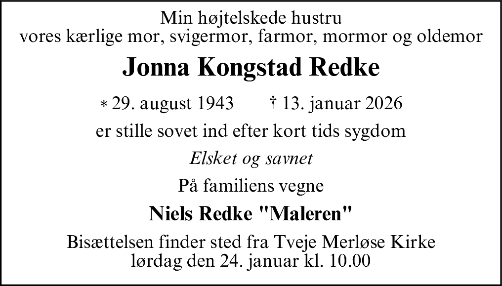 Dødsannonce for Jonna Kongstad Redke
