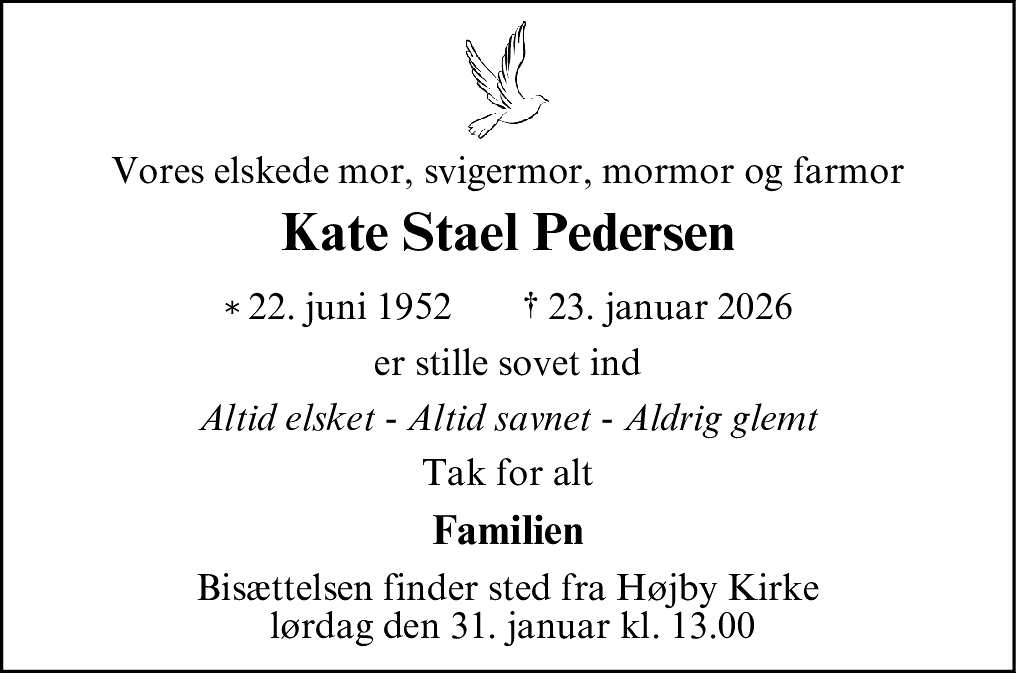 Dødsannonce for Kate Stael Pedersen