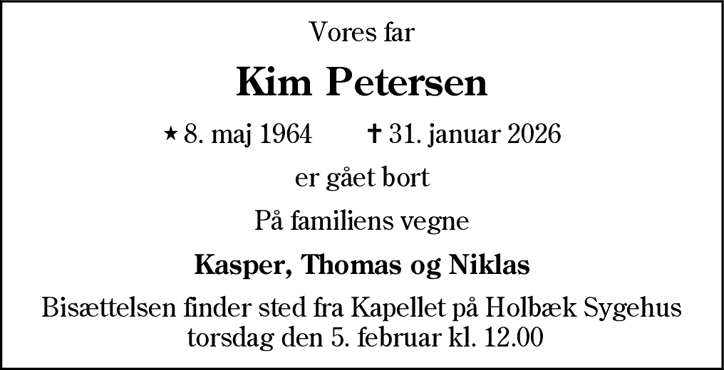 Dødsannonce for Kim Petersen