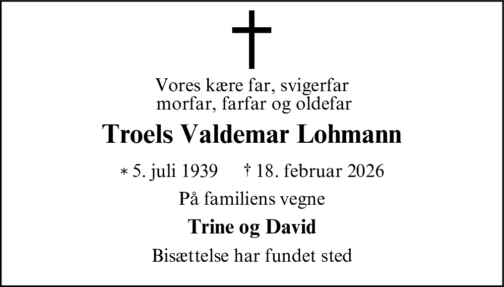 Dødsannonce for Troels Valdemar Lohmann