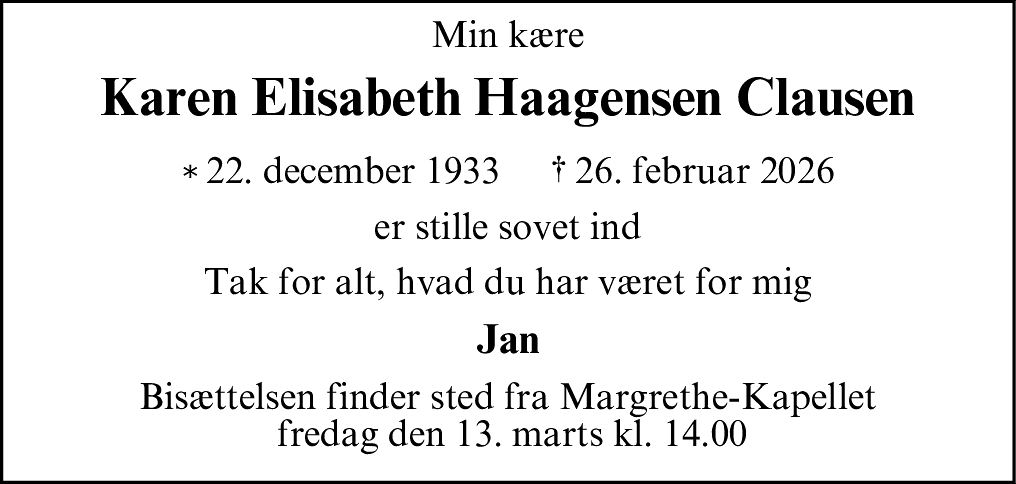 Dødsannonce for Karen Elisabeth Haagensen Clausen