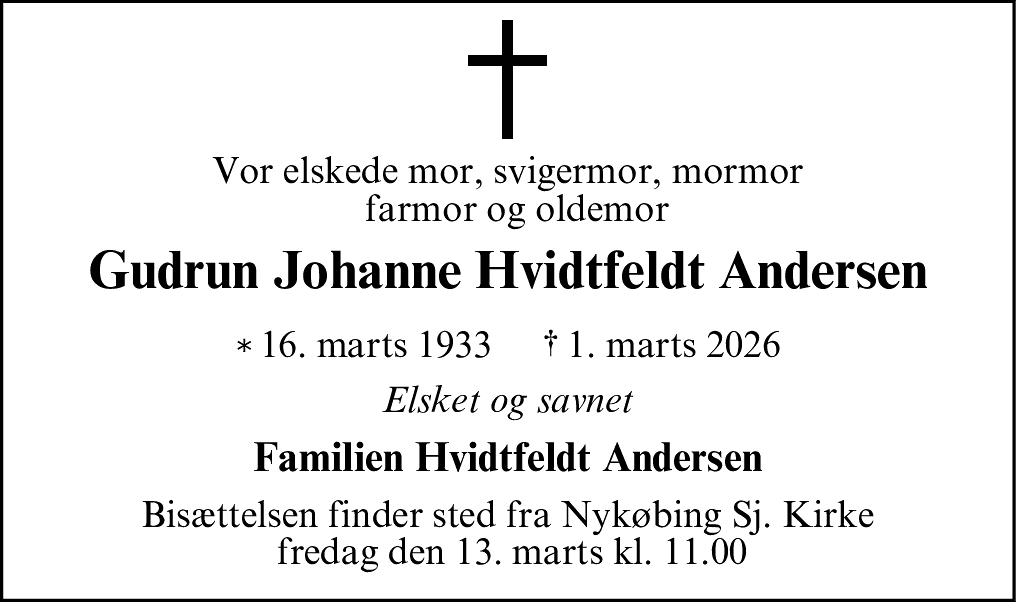 Dødsannonce for Gudrun Johanne Hvidtfeldt Andersen