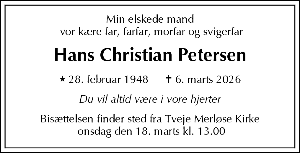 Dødsannonce for Hans Christian Petersen