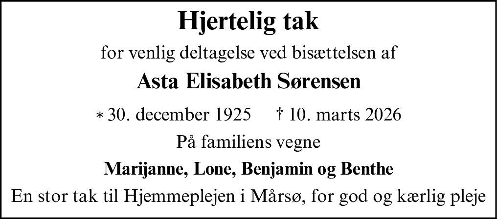 Dødsannonce for Asta Elisabeth Sørensen