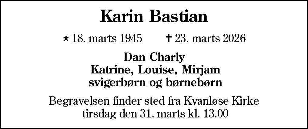 Dødsannonce for Karin Bastian