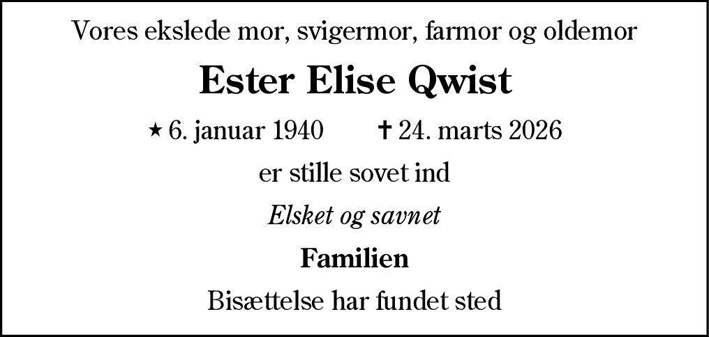 Dødsannonce for Esther Elise Qwist