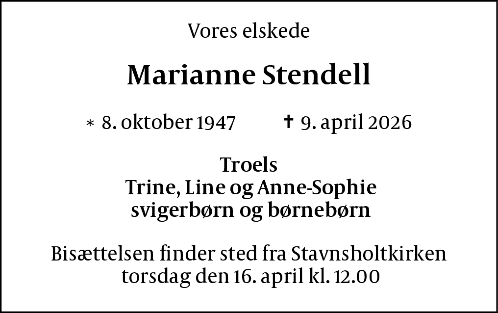 Dødsannonce for Marianne Stendell