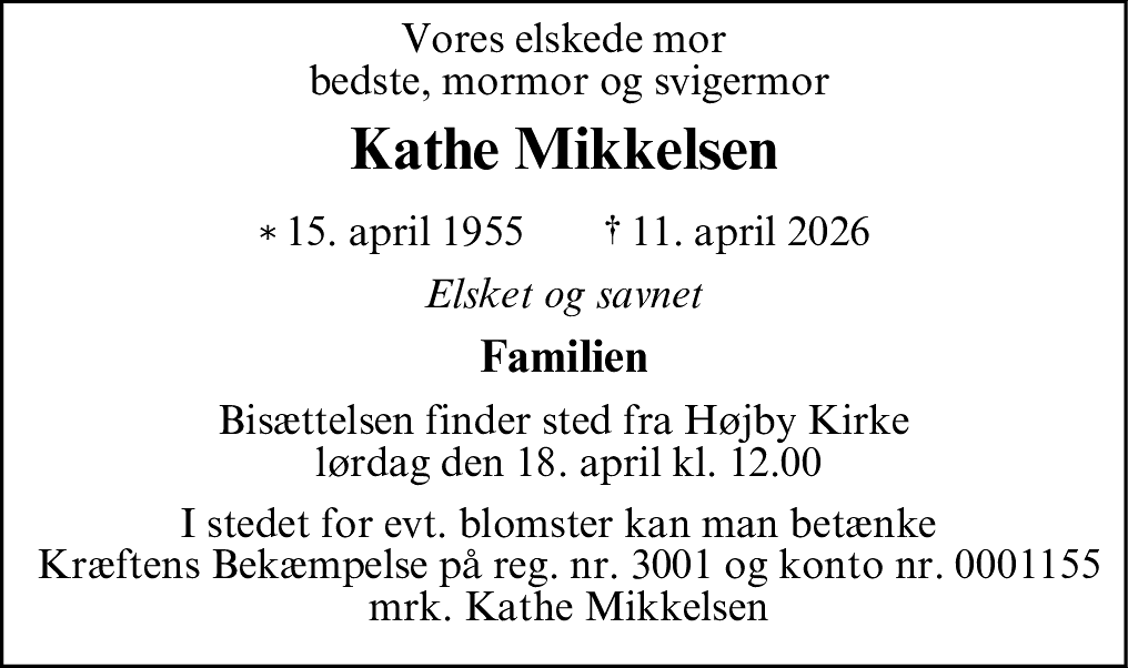 Dødsannonce for Kathe Mikkelsen