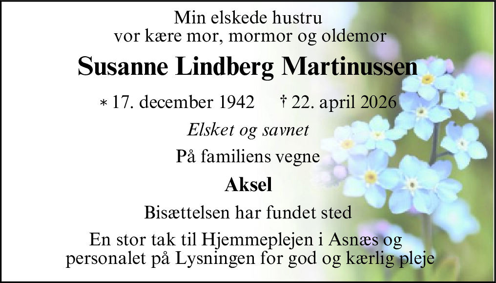 Dødsannonce for Susanne Lindberg Martinussen