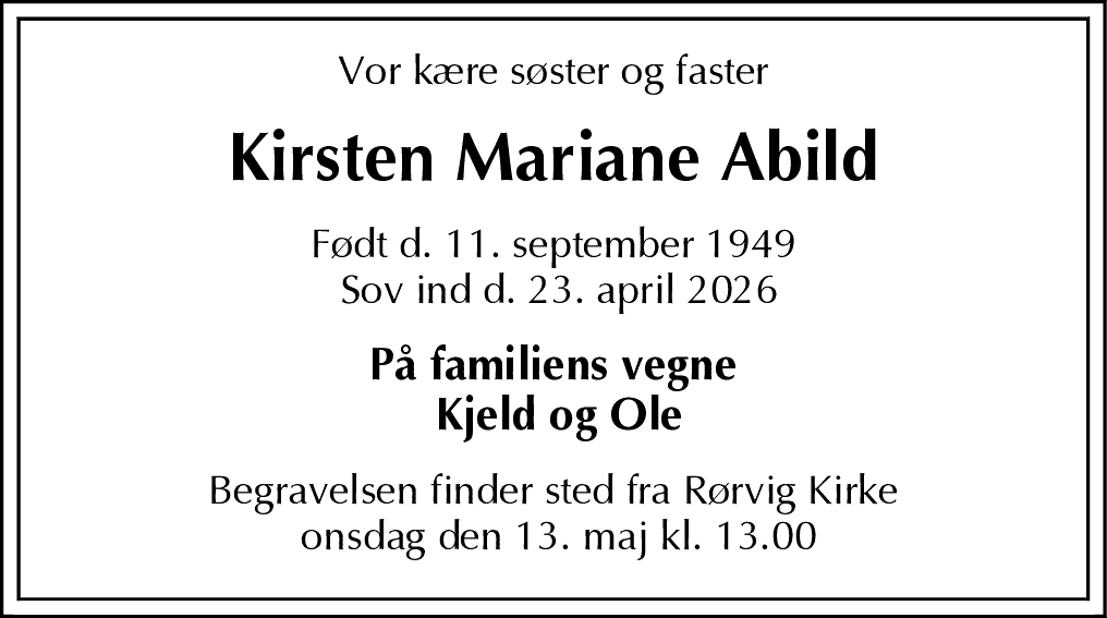 Dødsannonce for Kirsten Mariane Abild