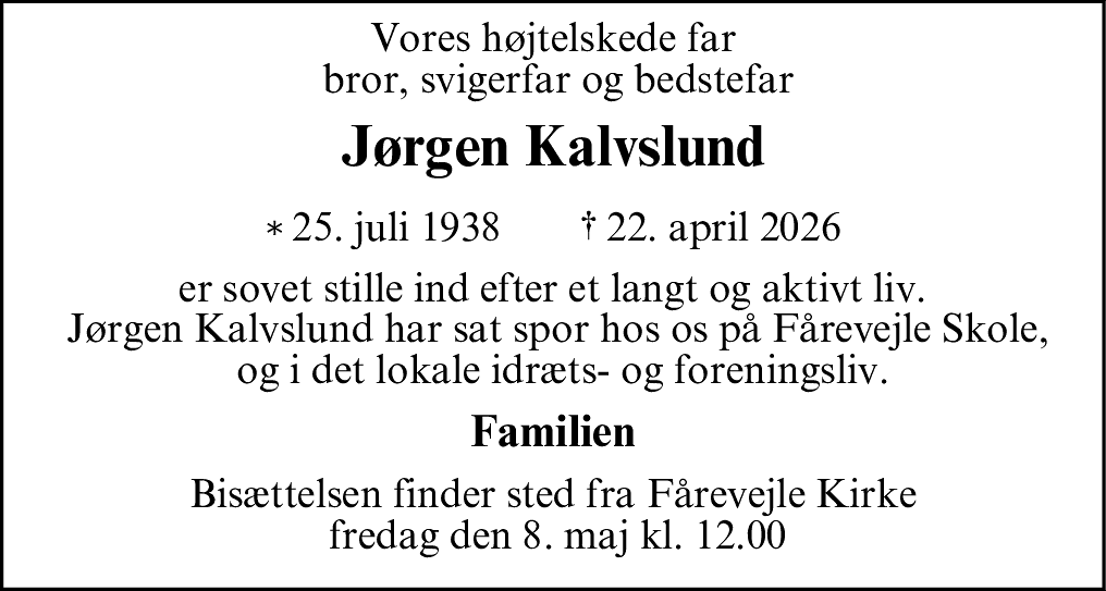Dødsannonce for Jørgen Kalvslund