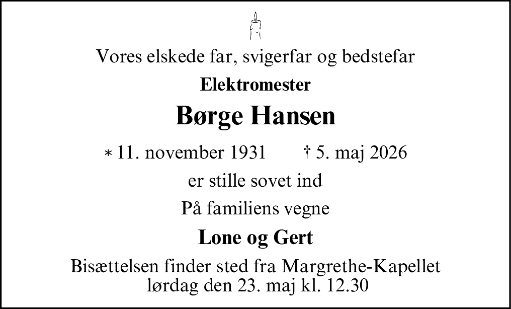 Dødsannonce for Børge Villy Hansen