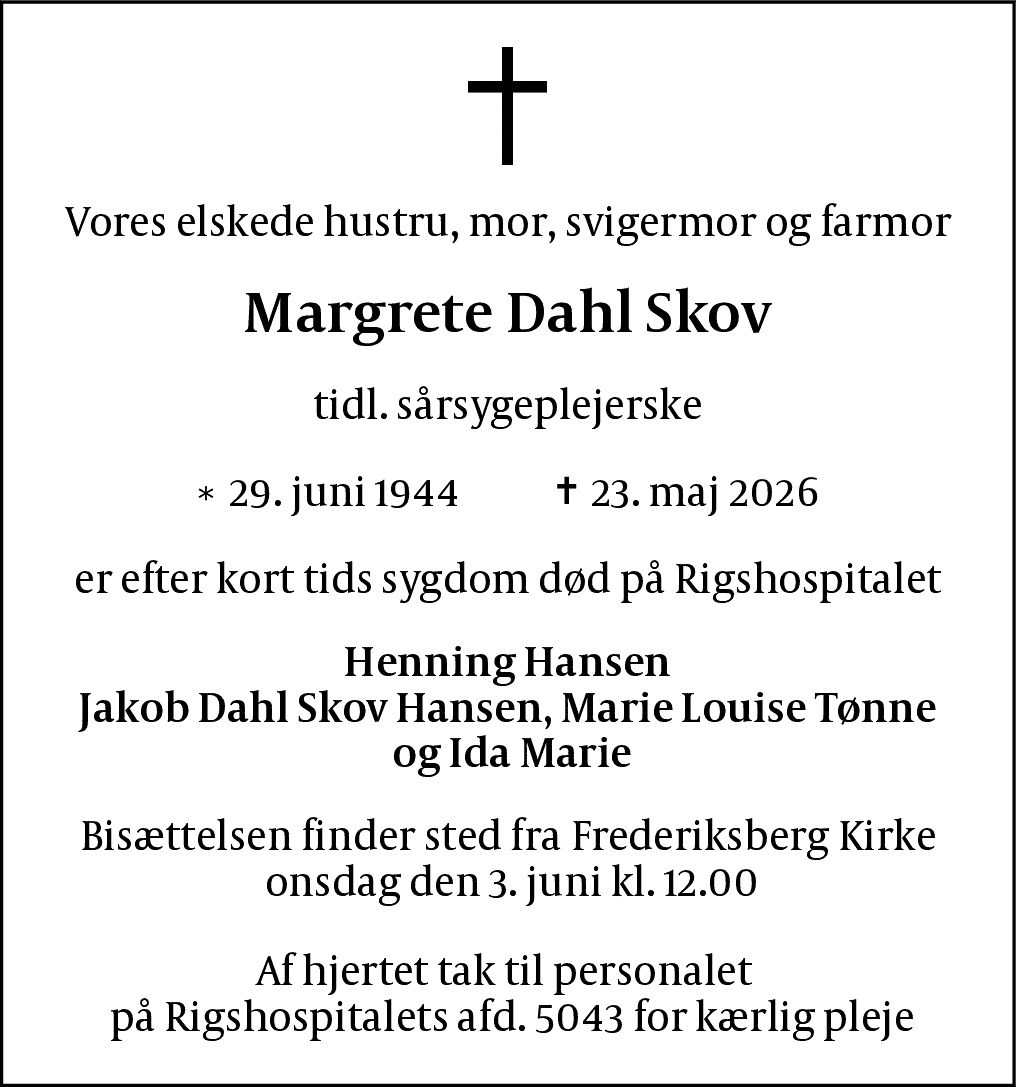 Dødsannonce for Margrete Dahl Skov