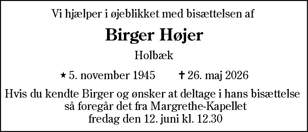 Dødsannonce for Birger Højer