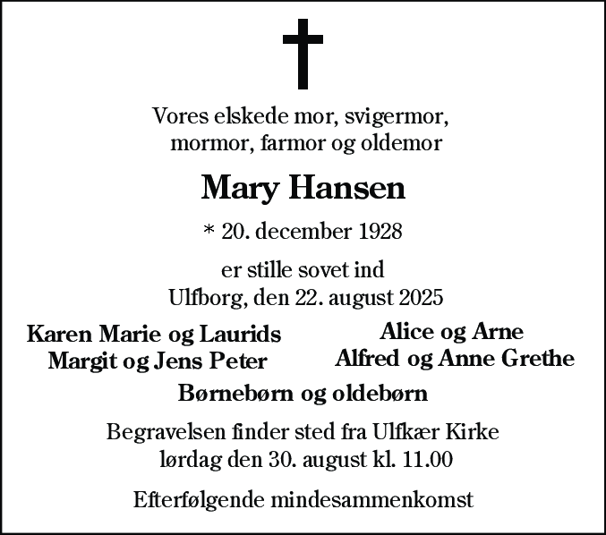 Dødsannonce for Mary Hansen