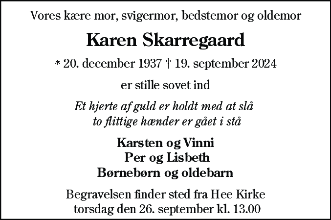 Dødsannonce for Karen Skarregaard
