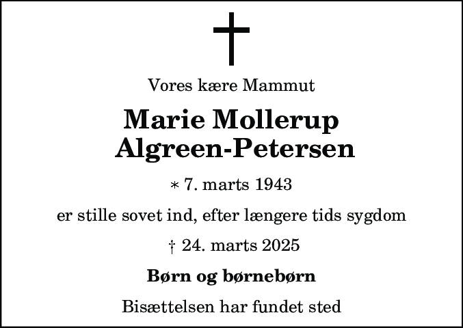Dødsannonce for Marie Mollerup Algreen-Petersen