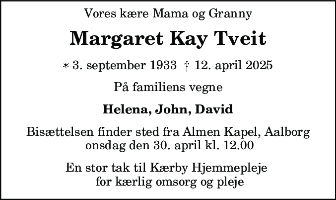 Dødsannonce for Margaret Kay Tveit
