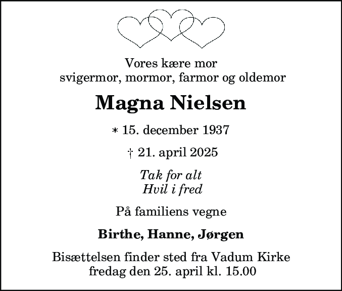 Dødsannonce for Magna Nielsen