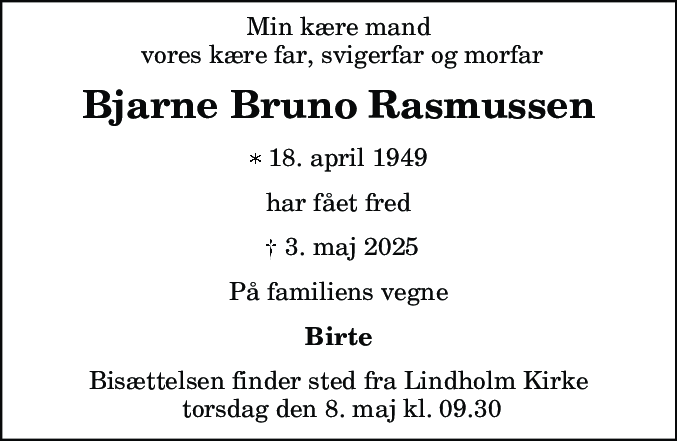 Dødsannonce for Bjarne Bruno Rasmussen