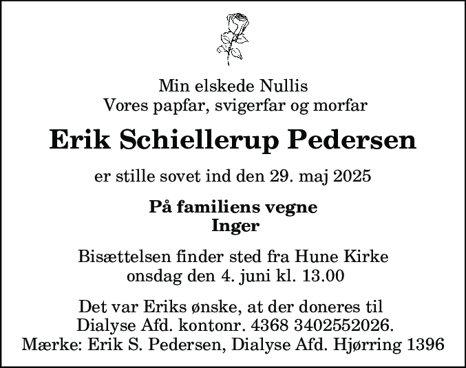 Dødsannonce for Erik Schiellerup Pedersen
