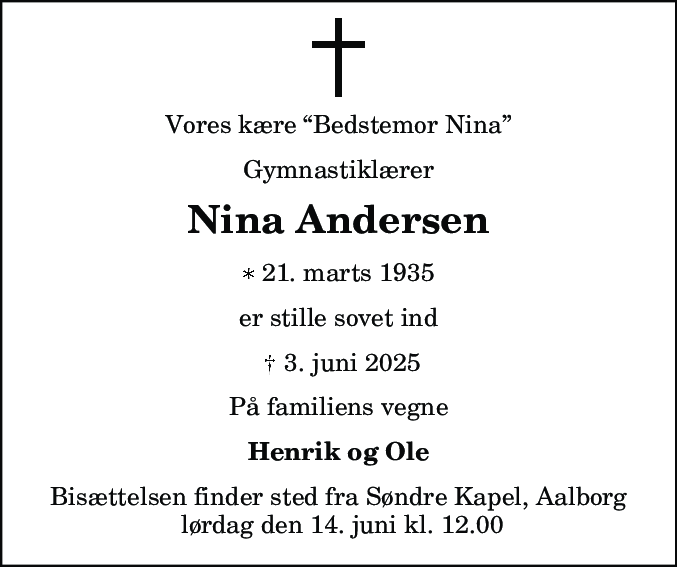 Dødsannonce for Nina Andersen