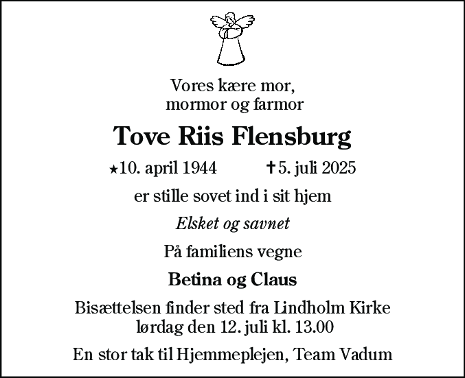 Dødsannonce for Tove Riis Flensburg