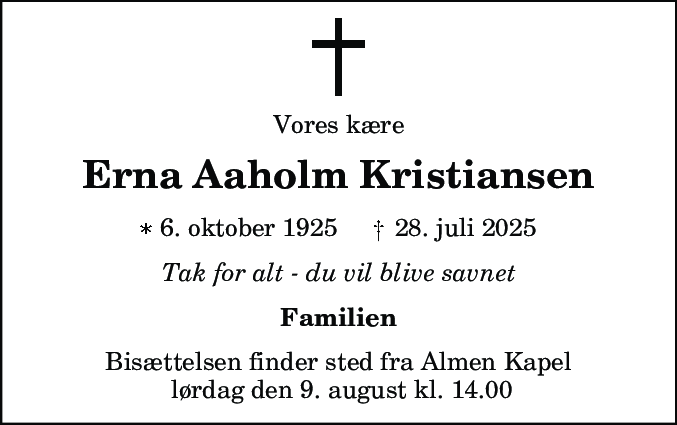 Dødsannonce for Erna Aaholm Kristiansen
