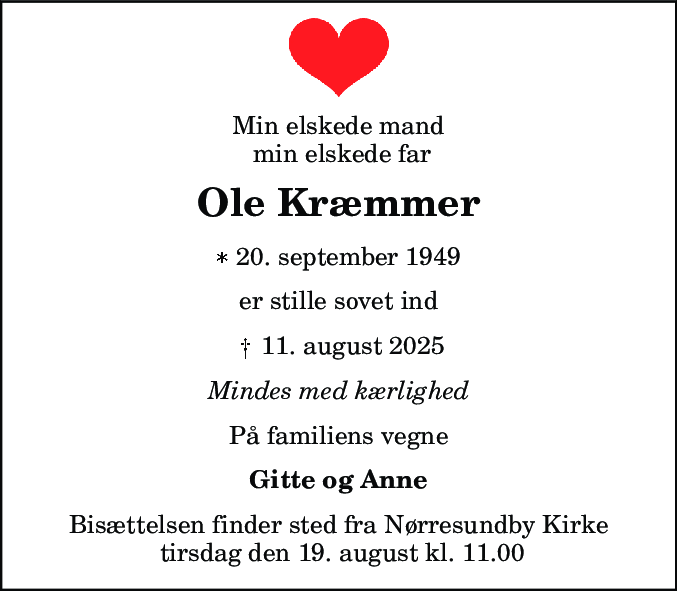Dødsannonce for Ole Kræmmer