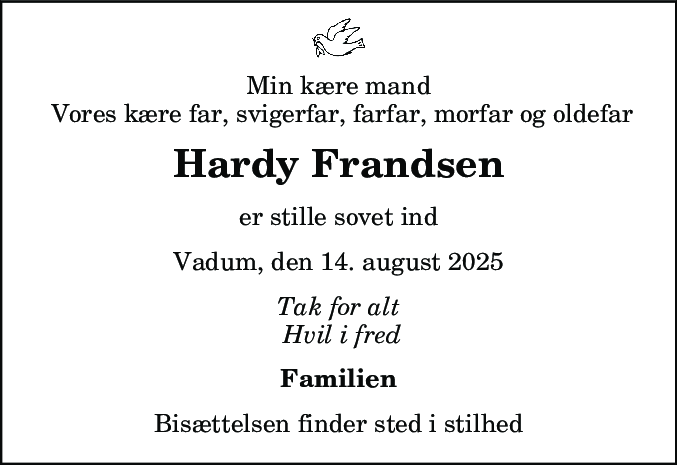 Dødsannonce for Hardy Frandsen