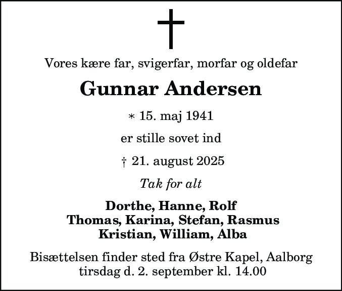 Dødsannonce for Gunnar Andersen