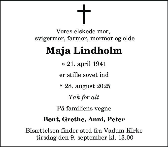 Dødsannonce for Maja Lindholm