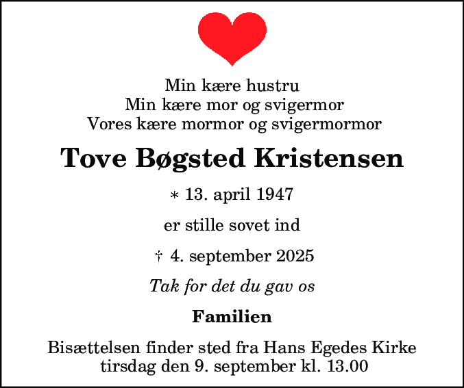 Dødsannonce for Tove Bøgsted Kristensen