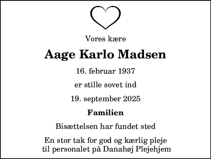 Dødsannonce for Aage Karlo Madsen