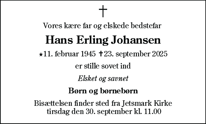 Dødsannonce for Hans Erling Johansen