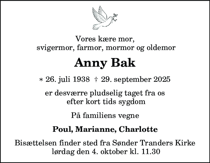 Dødsannonce for Anny Bak