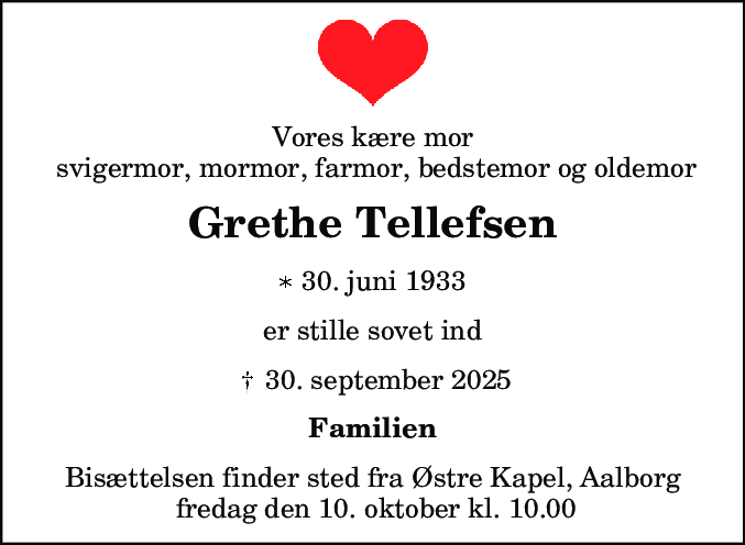 Dødsannonce for Grethe Tellefsen