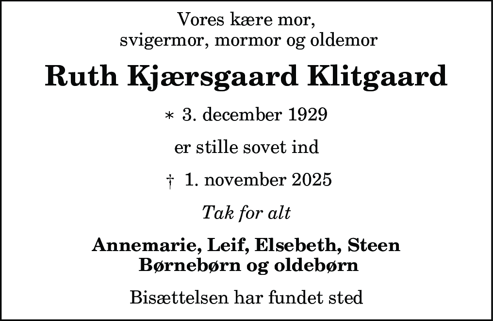 Dødsannonce for Ruth Kjærsgaard Klitgaard