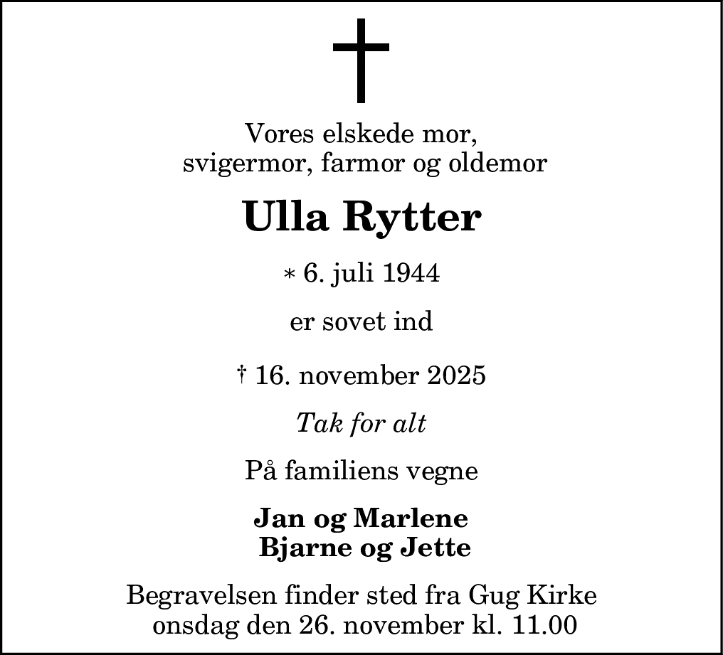 Dødsannonce for Ulla Rytter