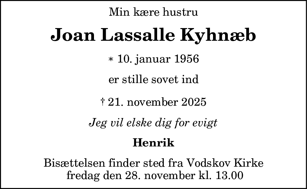 Dødsannonce for Joan Lassalle Kyhnæb