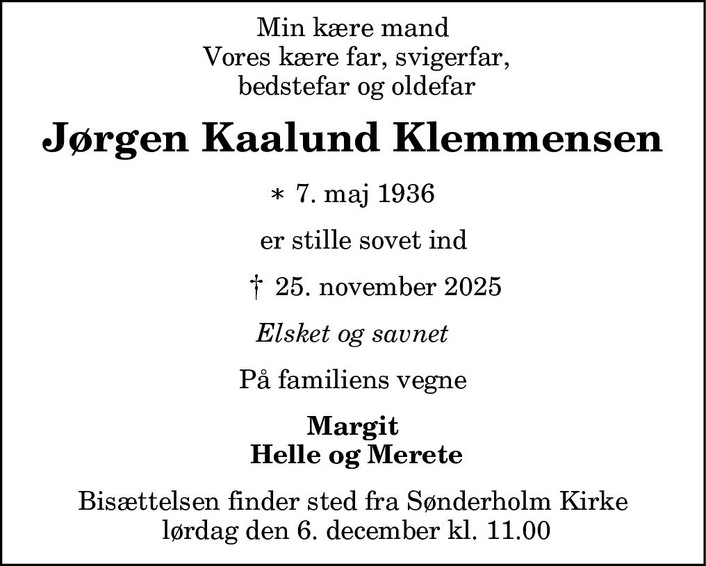 Dødsannonce for Jørgen Kaalund Klemmensen