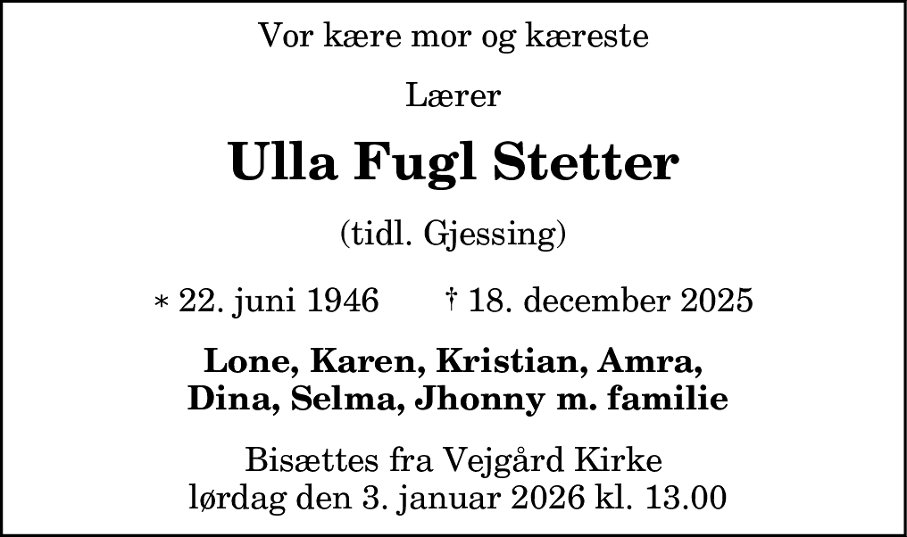 Dødsannonce for Ulla Fugl Stetter