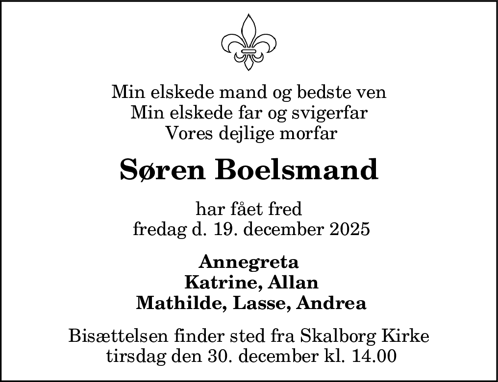 Dødsannonce for Søren Boelsmand