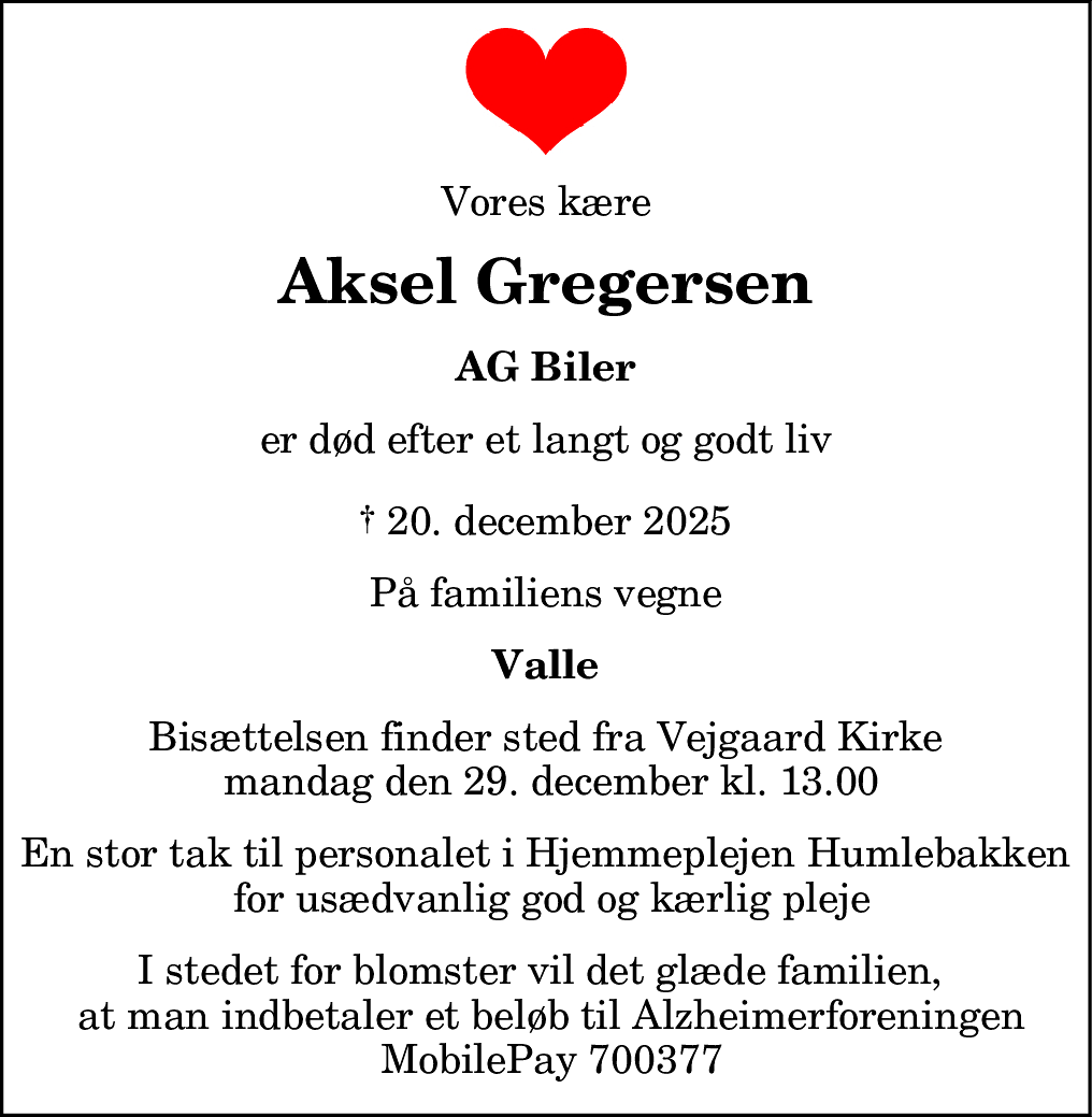 Dødsannonce for Aksel Vilfred Gregersen